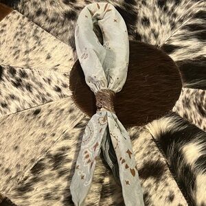 Gorgeous bandana wildrag/Scarf in Light Blue,brown and white. Includes cowhide